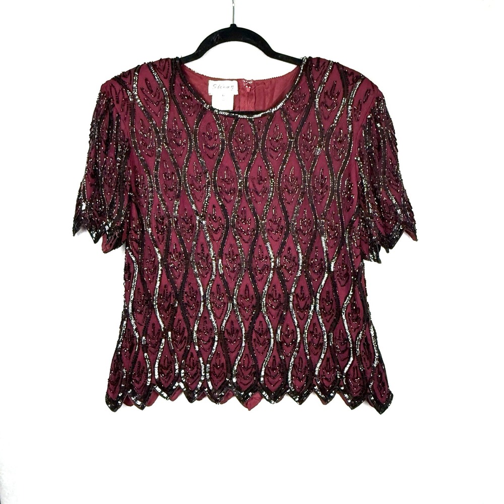 Stenay Vtg Glam Beaded Sequin Silk Top Size L Black Burgundy Wine Evening Formal